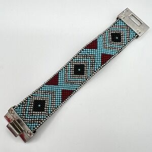 Turquoise, Red Coral Seed Beads Silver Tone Hardware Turnlock Cuff Bracelet